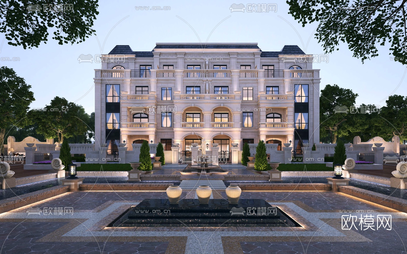 欧式联排别墅外观夜景3d模型