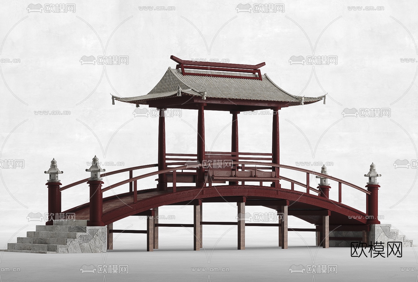 中式拱桥凉亭3d模型下载