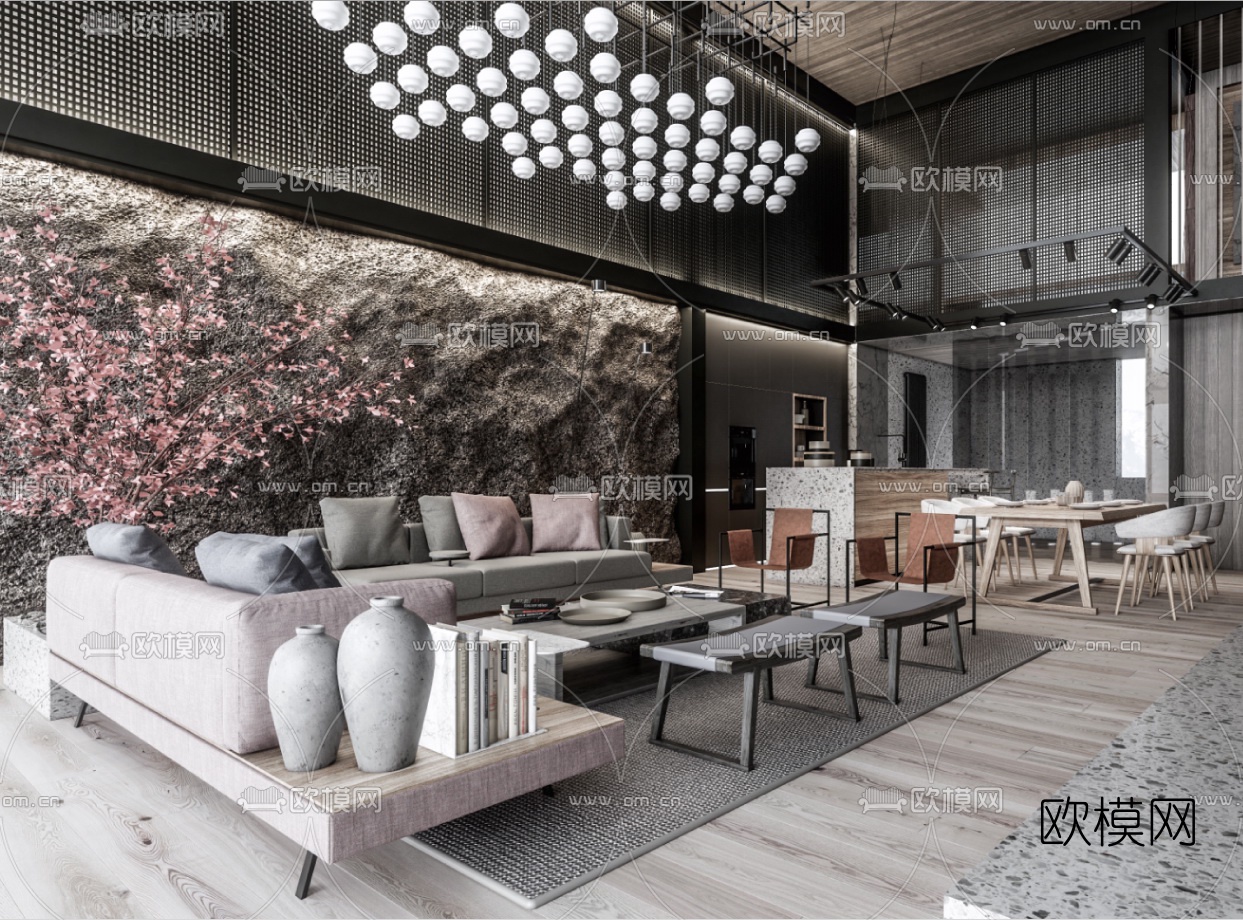 新中式别墅大堂餐厅su模型下载（渲染图1）