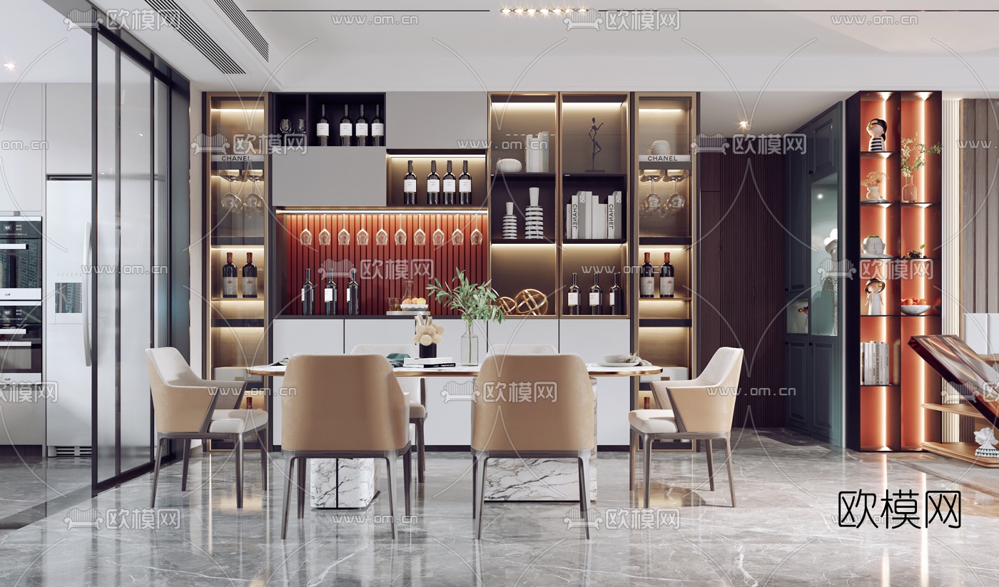 现代客厅餐厅3d模型下载（渲染图2）