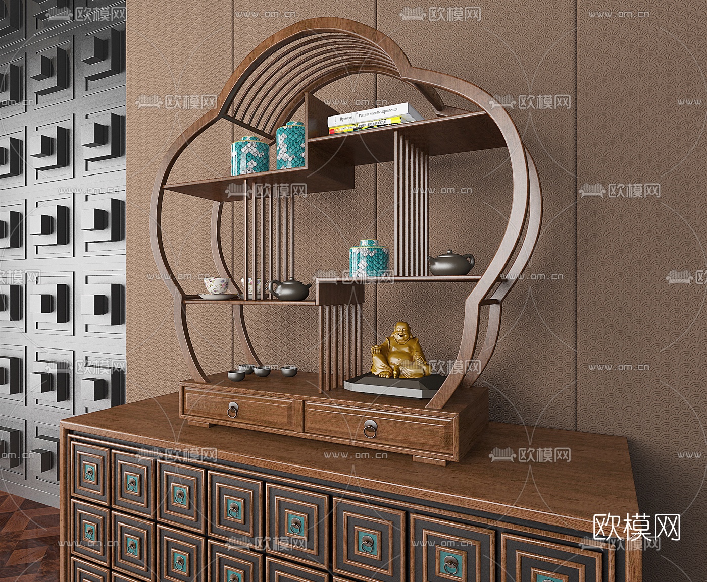 新中式端景柜博古架3d模型