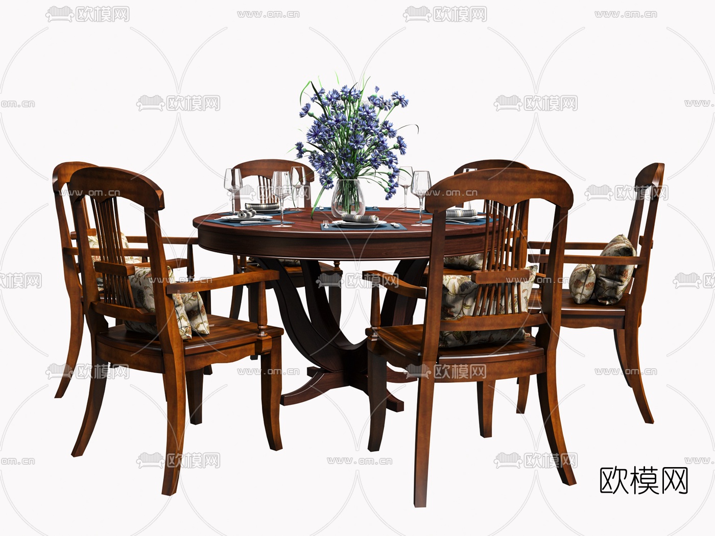 美式木质餐桌椅3d模型下载（渲染图2）