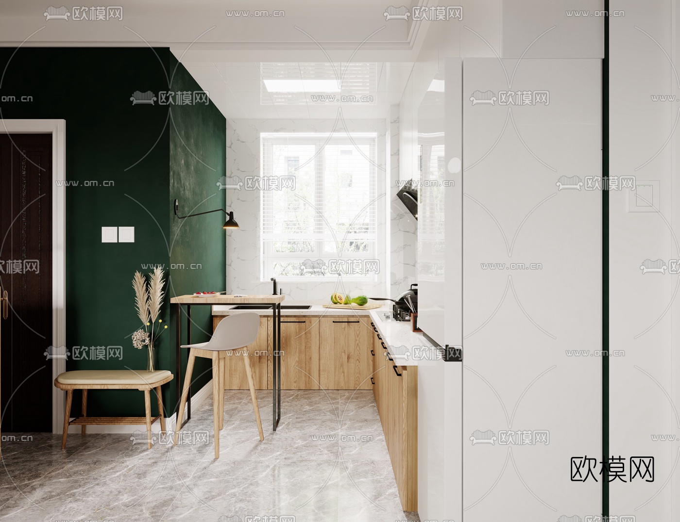 北欧客餐厅厨房3d模型下载（渲染图2）