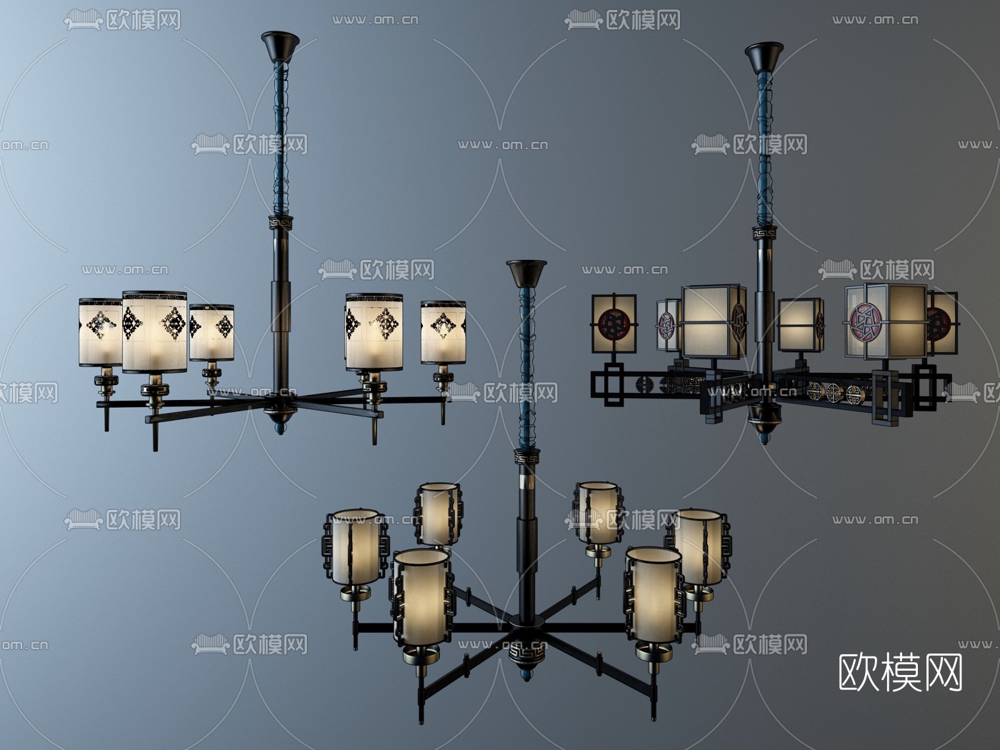 新中式金属多头吊灯su模型下载