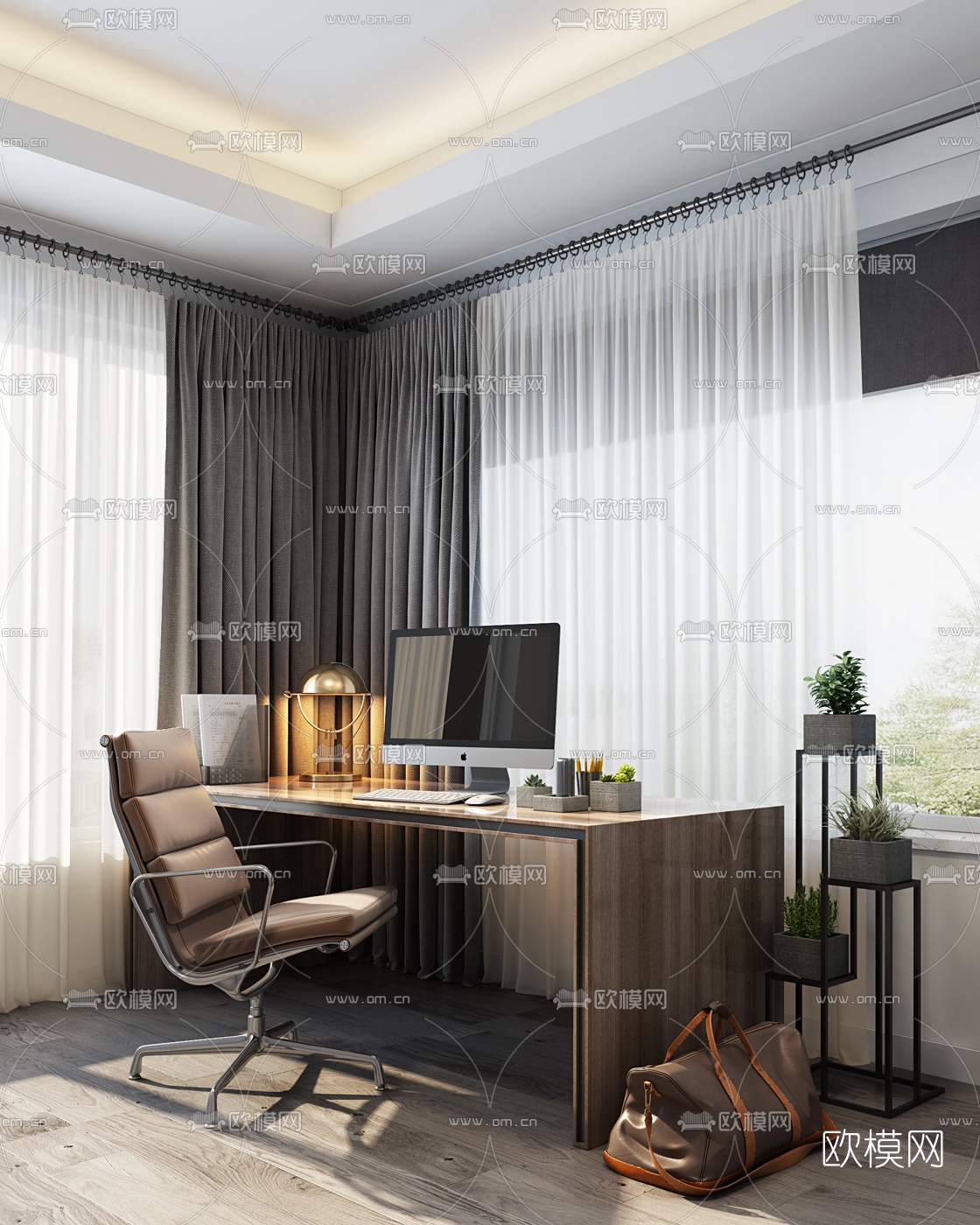 VizLine Studio设计 现代实木办公班台3d模型下载（渲染图1）