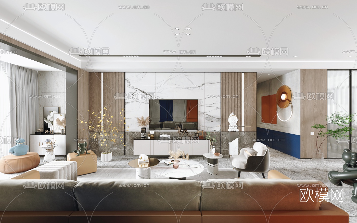 现代客厅餐厅3d模型下载（渲染图3）