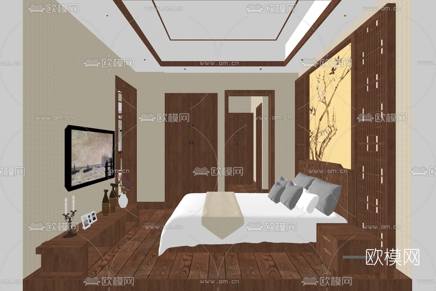 新中式布艺双人床su模型下载