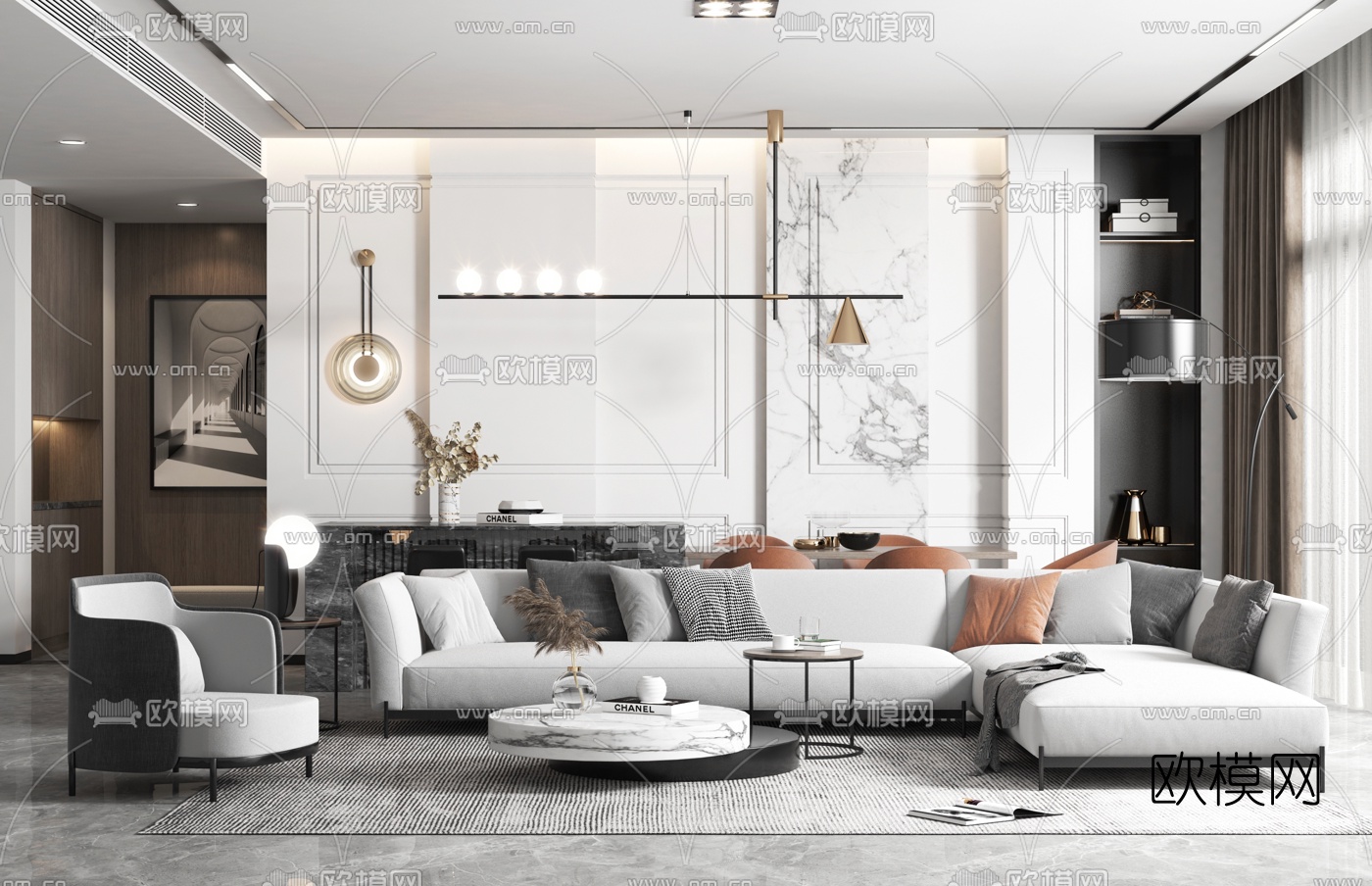 现代布艺转角沙发组合3d模型下载