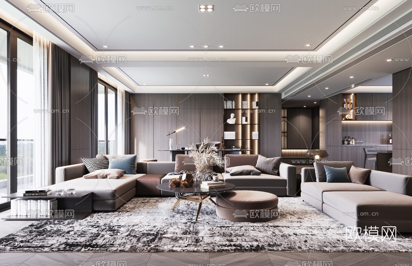 现代轻奢客厅餐厅3d模型下载