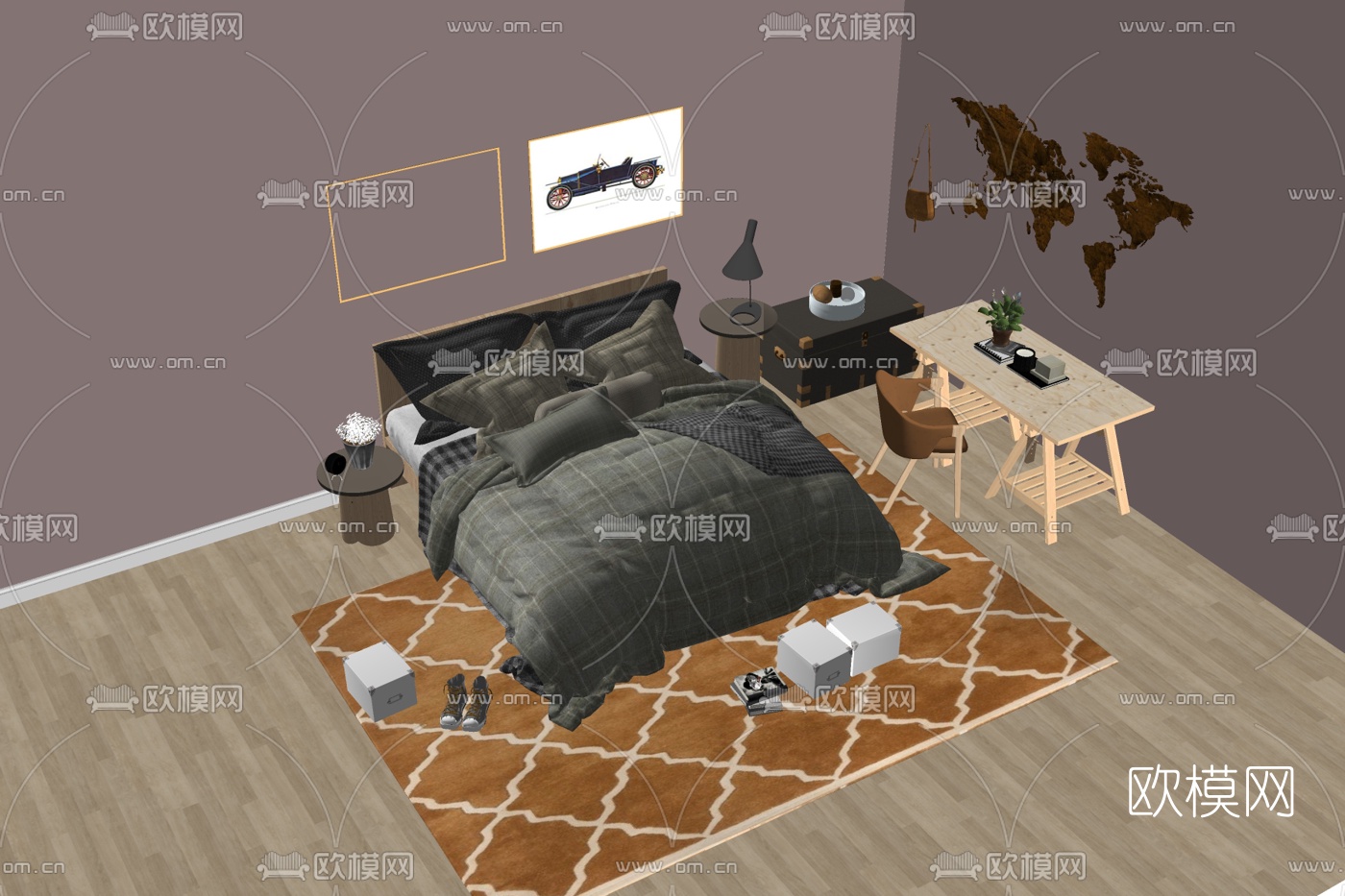 现代布艺双人床su模型