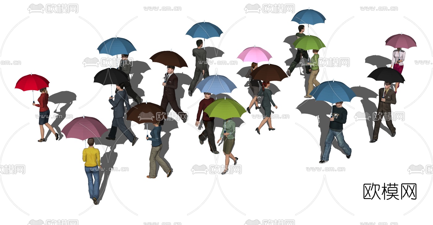 现代打伞人群人物su模型下载