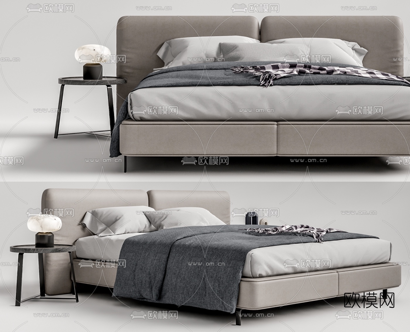 现代布艺双人床su模型下载（渲染图1）