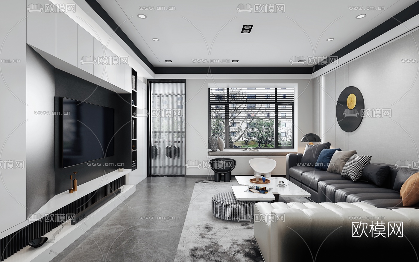 现代高级灰客厅餐厅3d模型下载（渲染图4）