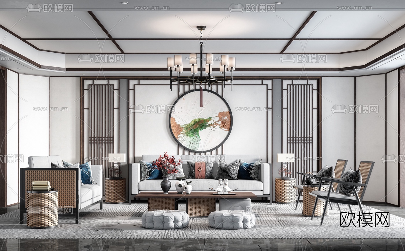 新中式布艺沙发组合3d模型下载