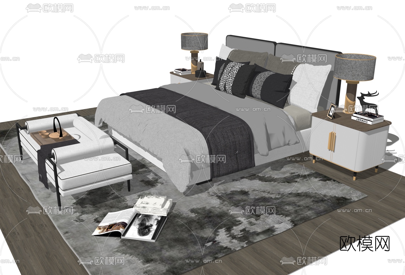 新中式布艺双人床su模型下载