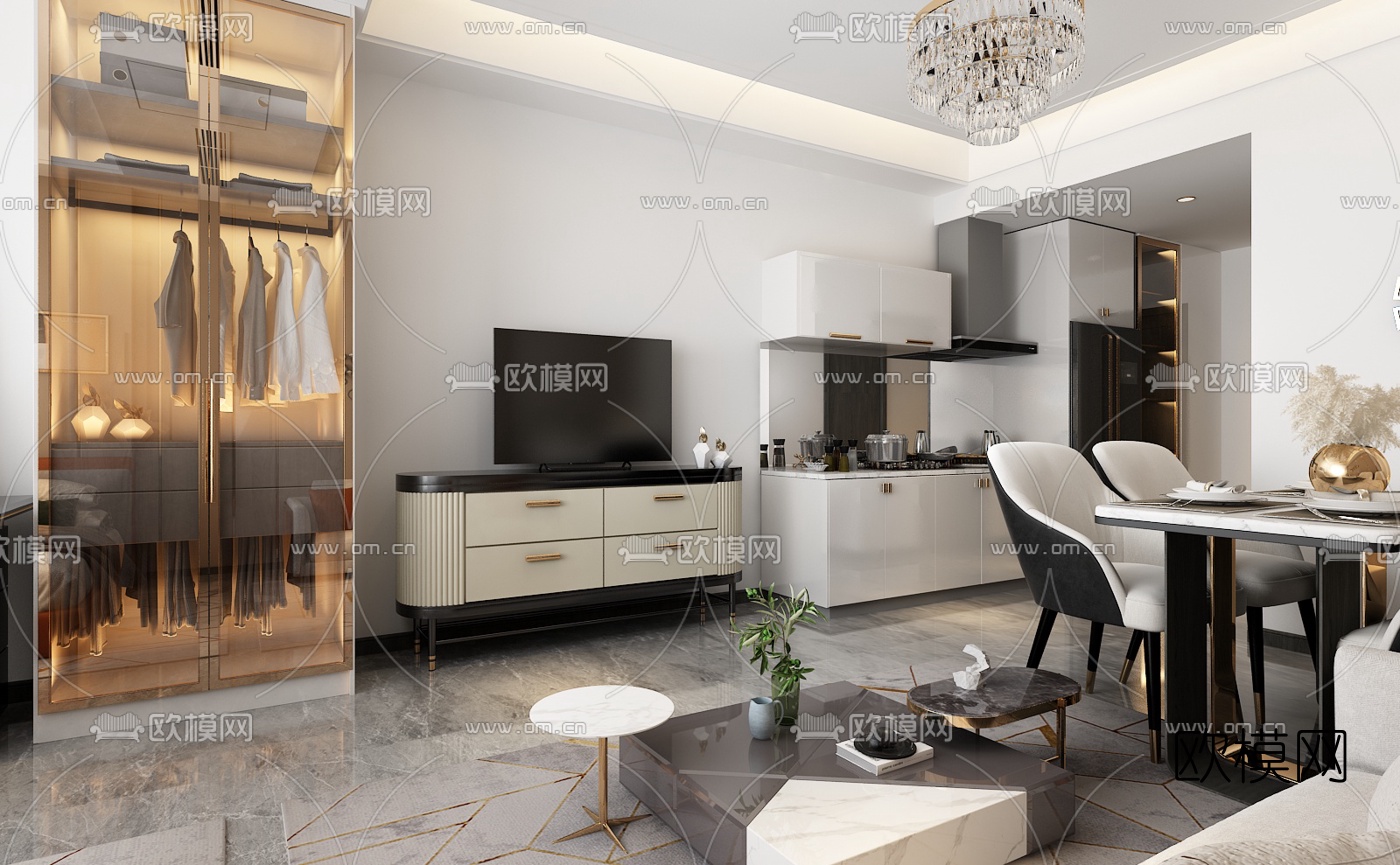 现代轻奢公寓免费3d模型下载（渲染图3）