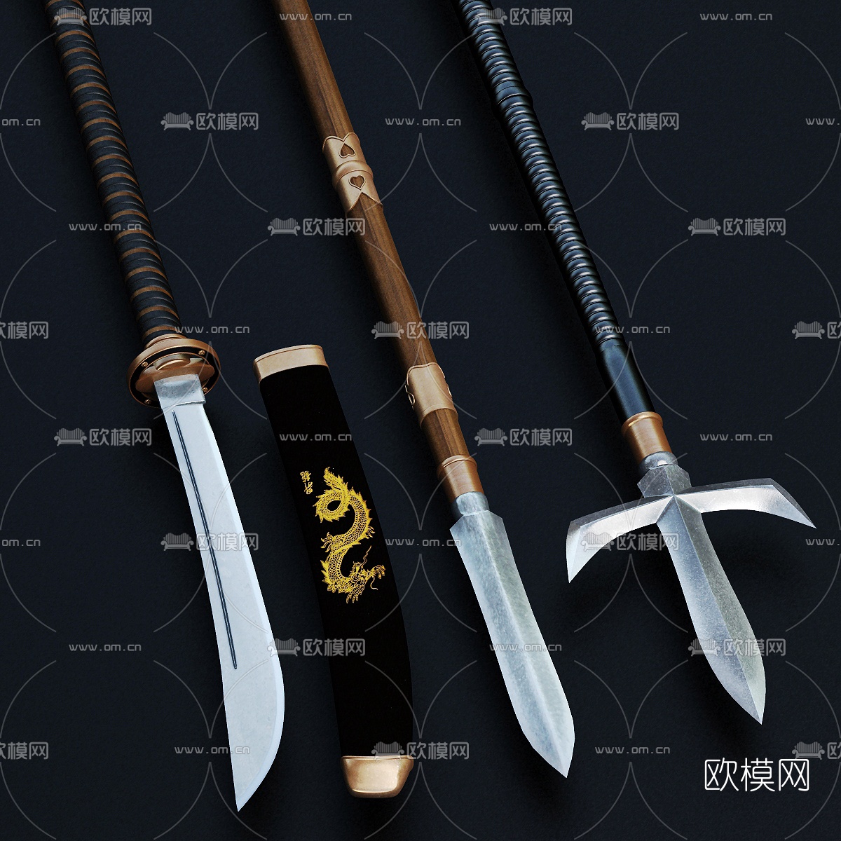 中式冷兵器刀剑戟3d模型