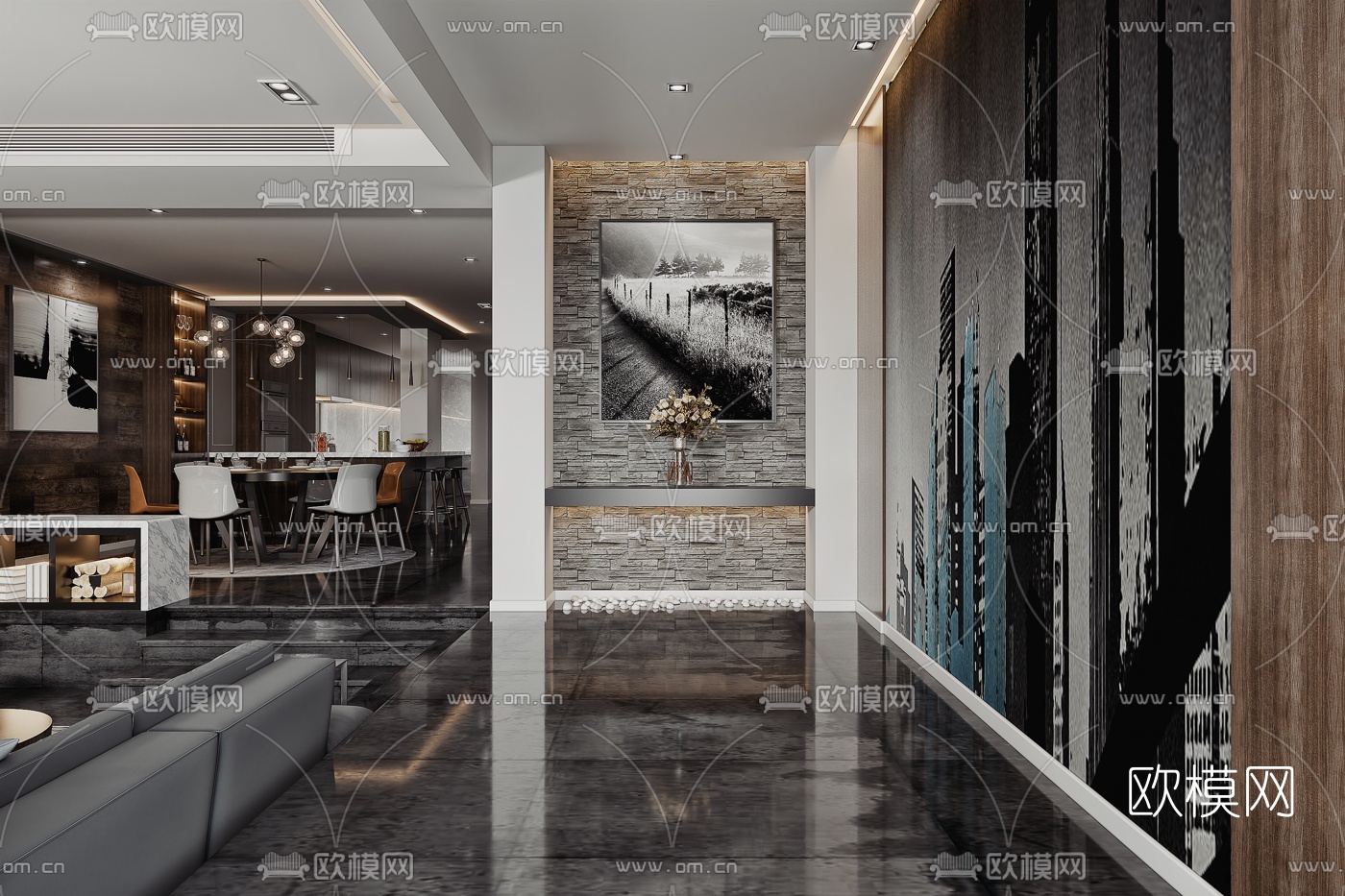 现代跃式客厅餐厅3d模型