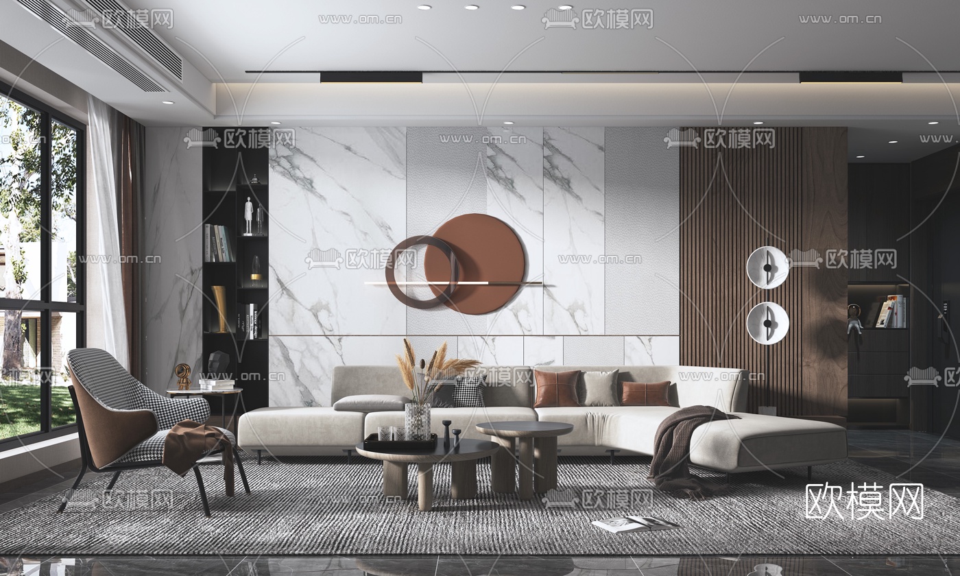 现代绒布转角沙发组合3d模型-免费3dmax模型库-欧模网
