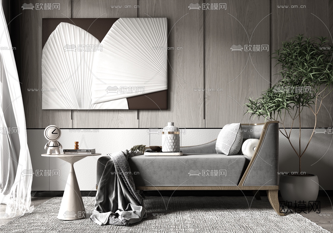 现代皮革贵妃椅su模型下载（渲染图1）