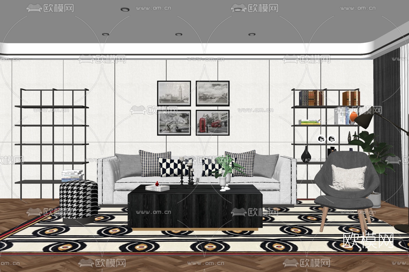 北欧布艺组合沙发免费su模型下载