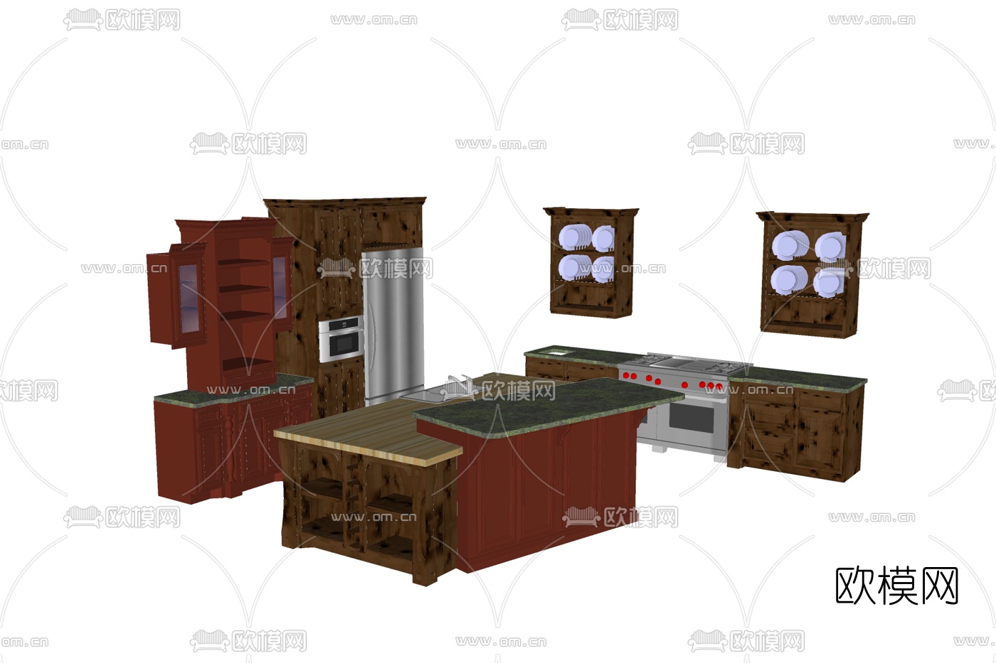 现代实木橱柜su模型下载