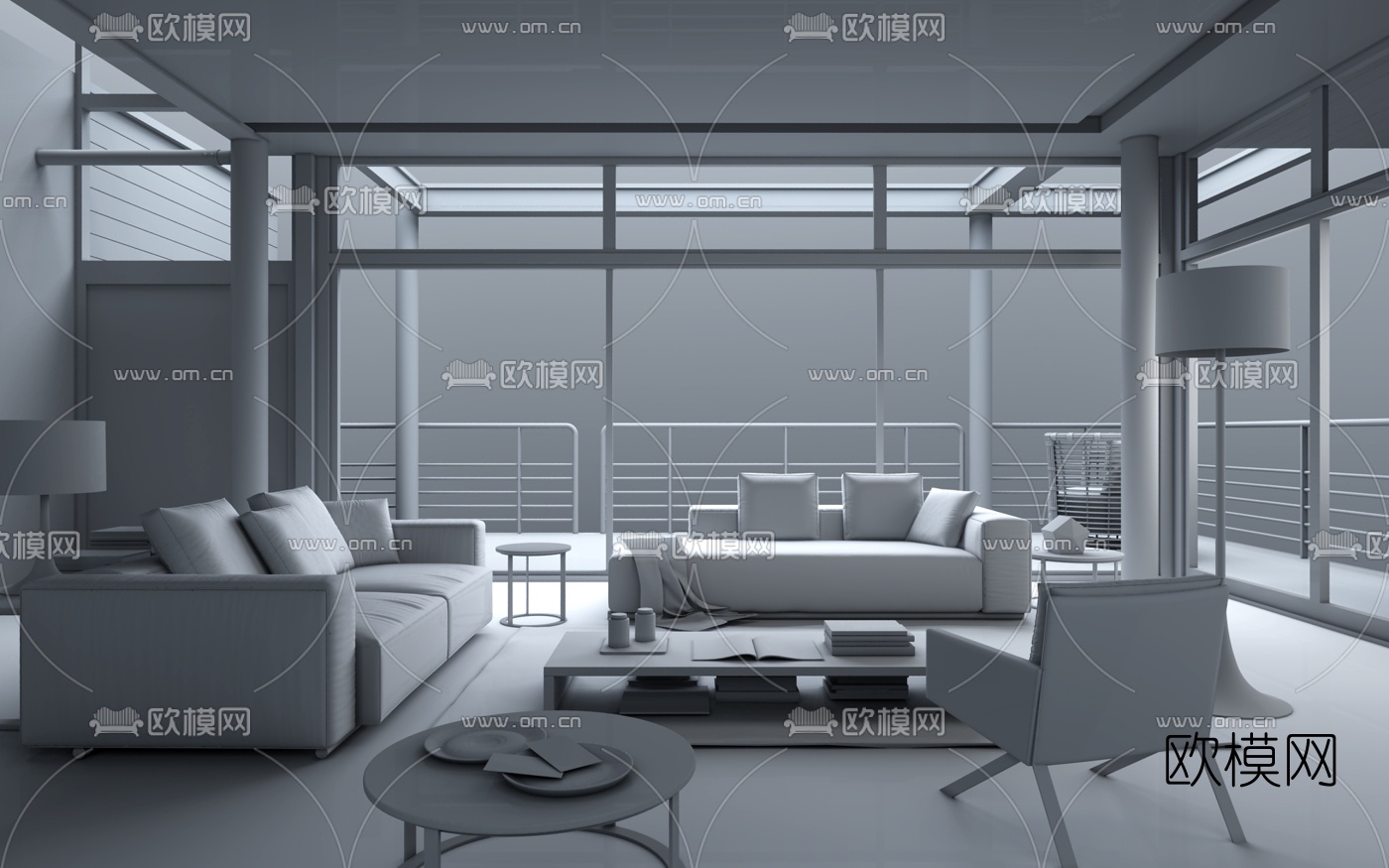 意大利B&BItalia品牌 现代客厅黑色组合沙发茶几3D模型下载（渲染图2）