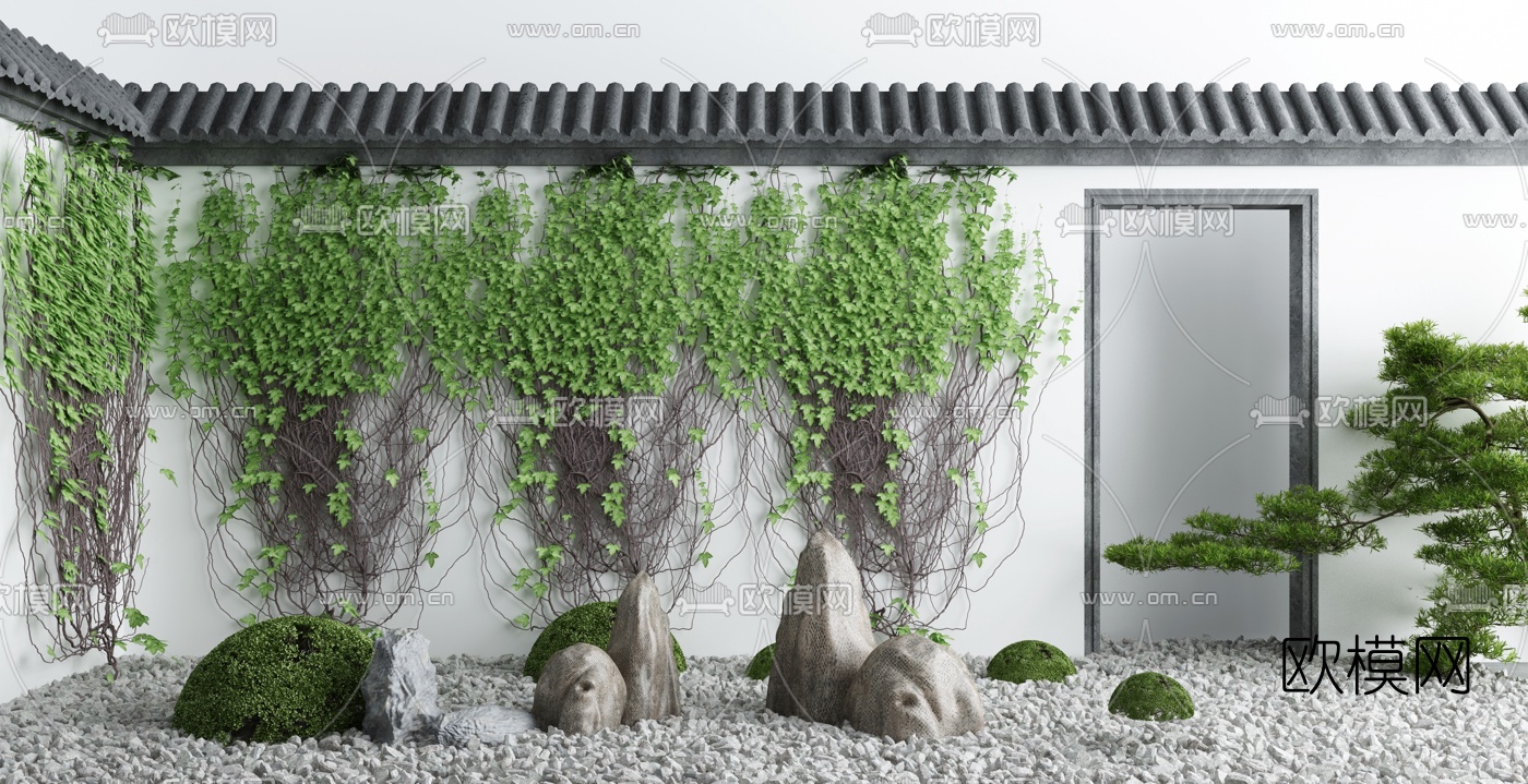 新中式院墙爬藤景观小品3d模型下载