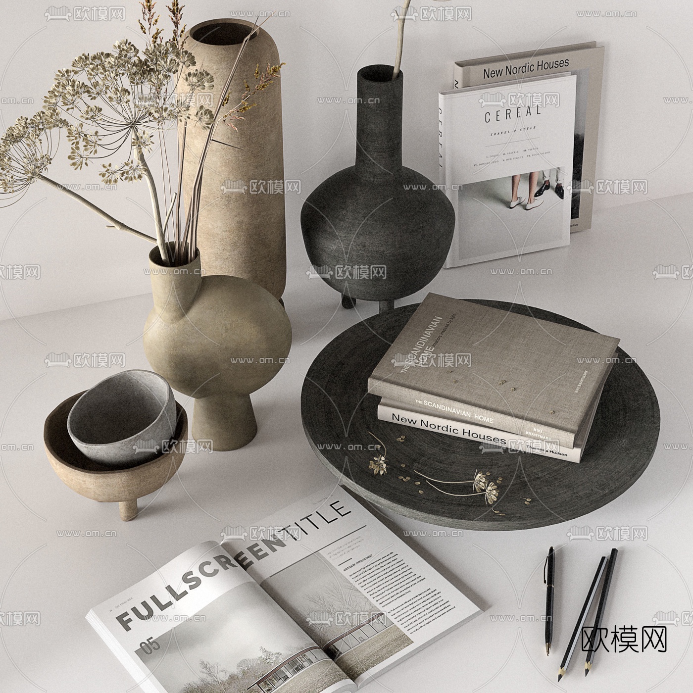 现代干枝花瓶书籍摆件3d模型