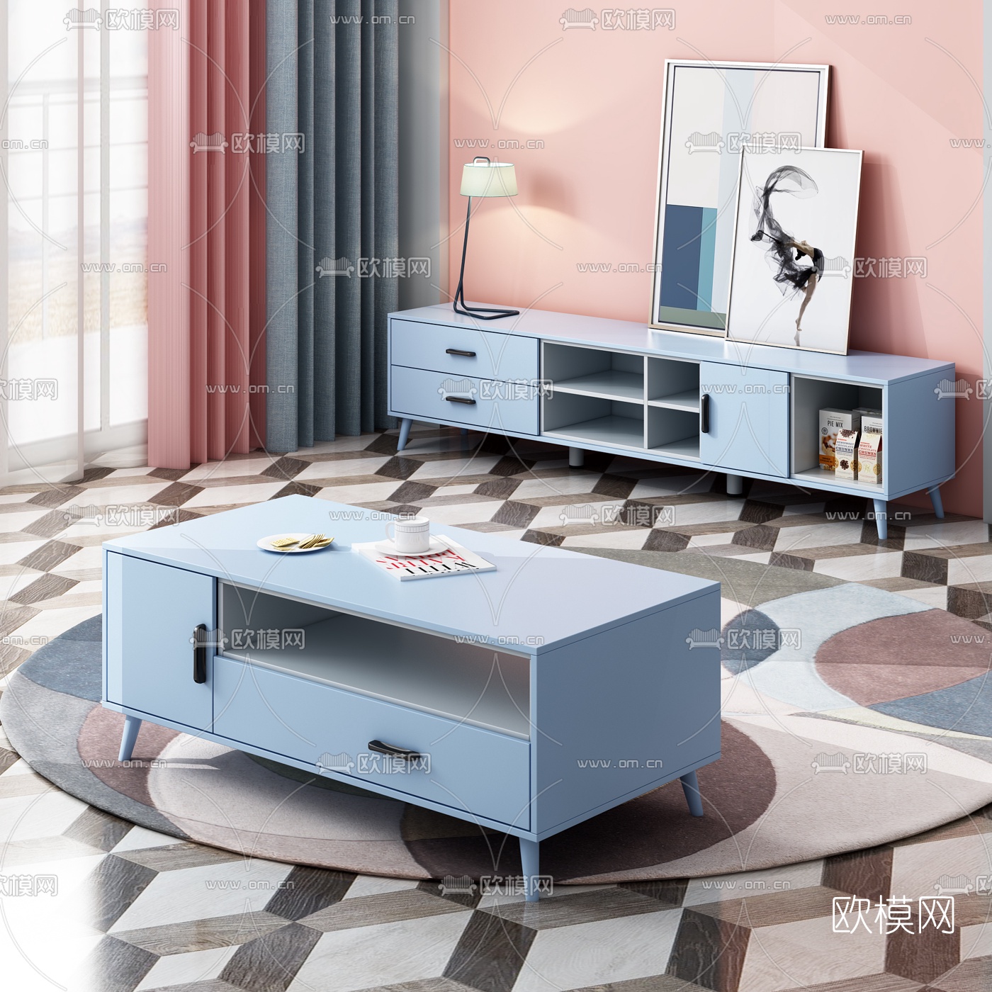 北欧极简电视柜茶几3d模型下载（渲染图1）