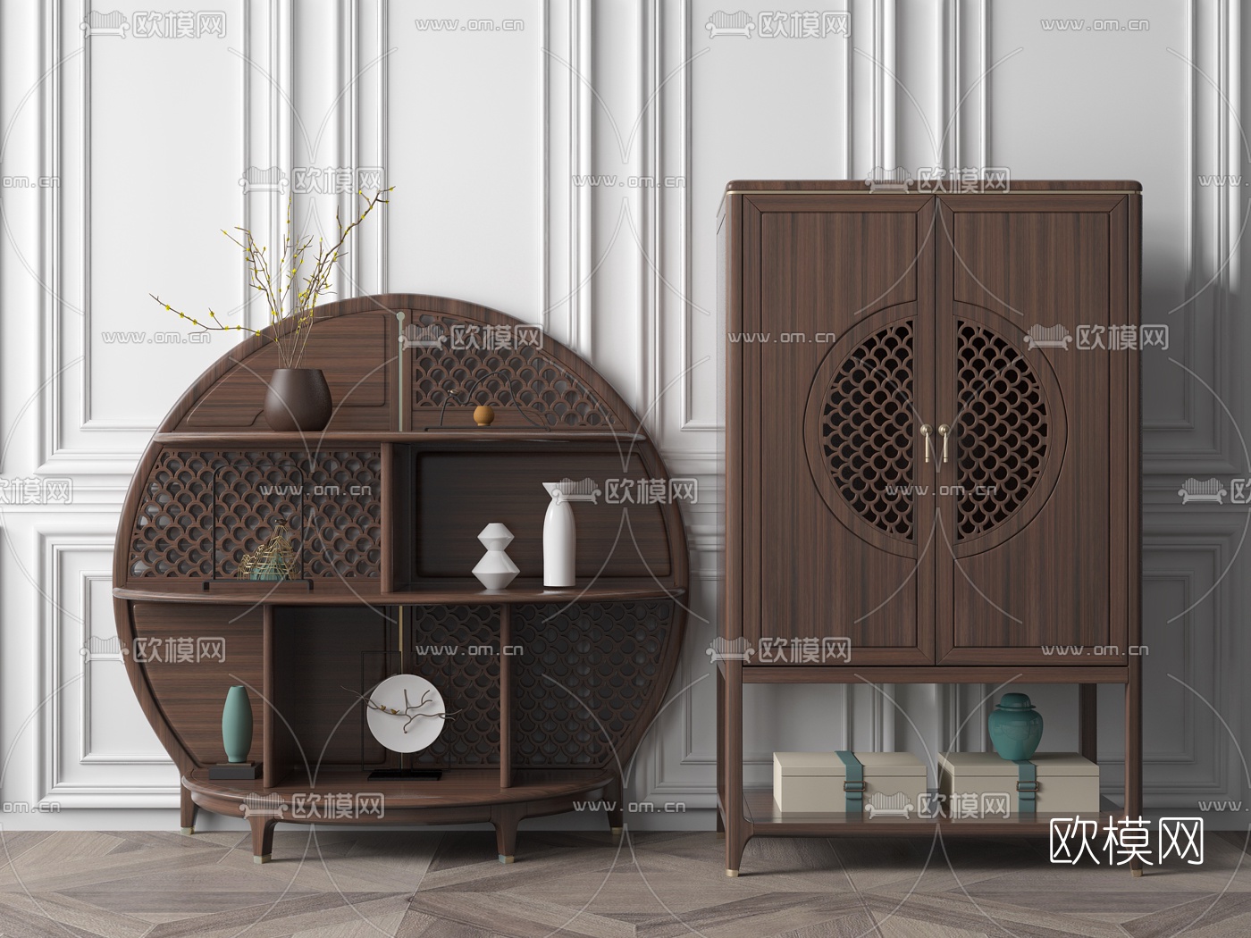 中式实木博古柜3d模型下载