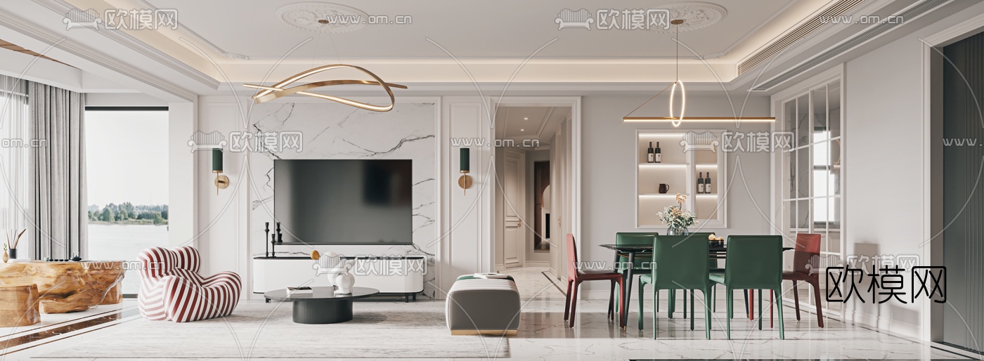 简欧轻奢客厅餐厅3d模型下载（渲染图5）