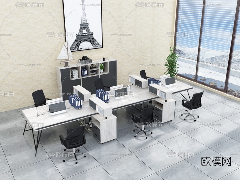 现代屏风卡位办公桌椅3d模型下载(渲染图1)