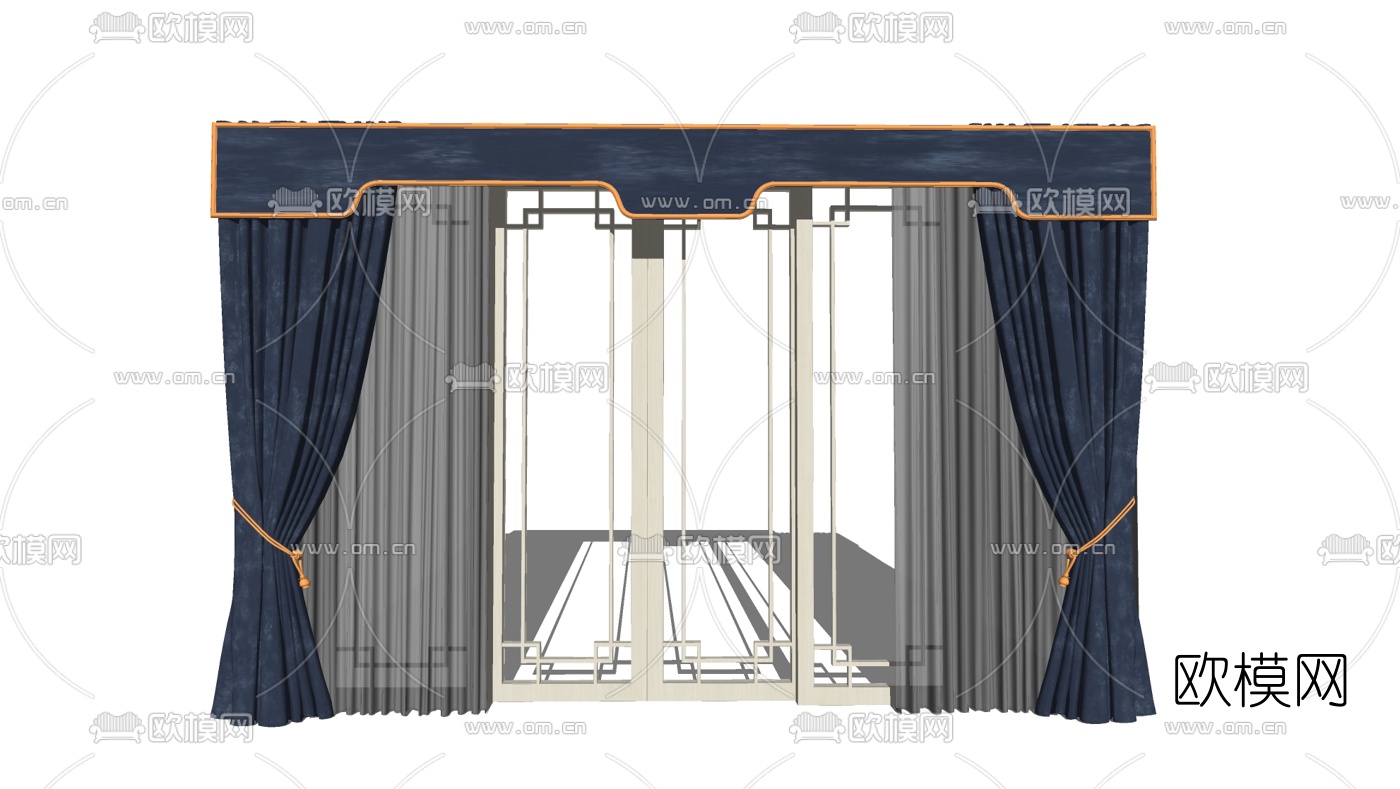 新中式布艺窗帘su模型下载