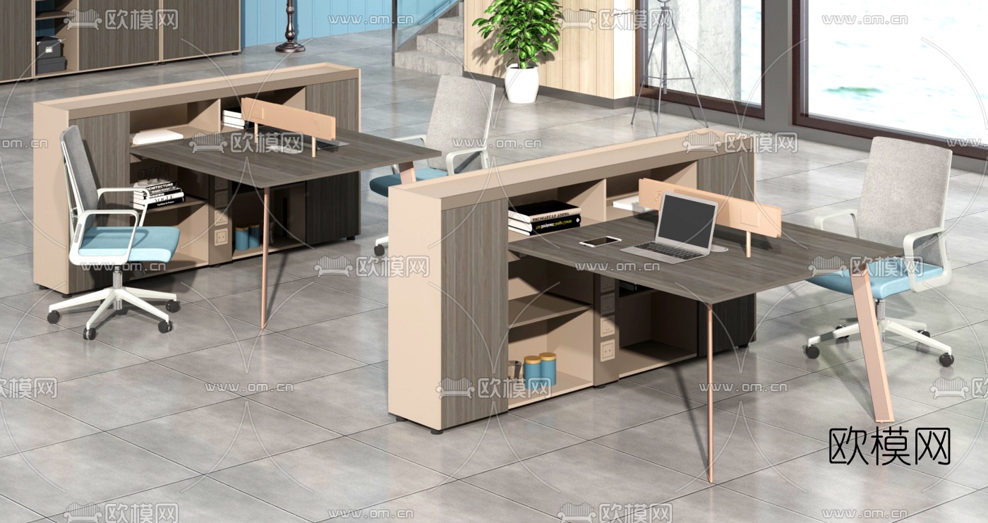 现代卡位办公桌椅3d模型下载（渲染图2）