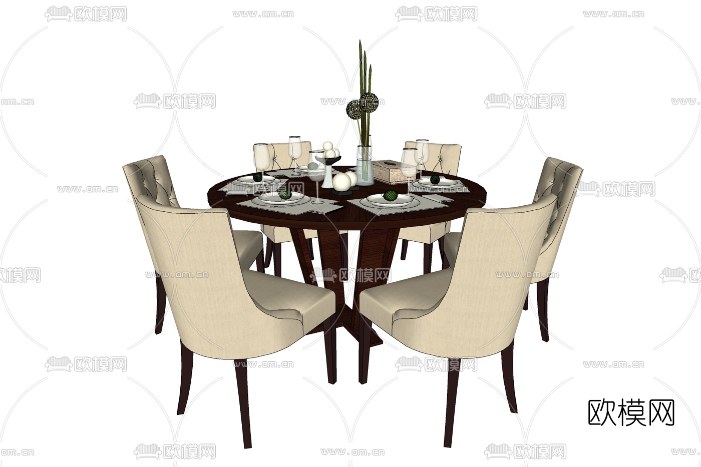 欧式圆形餐桌椅免费su模型下载