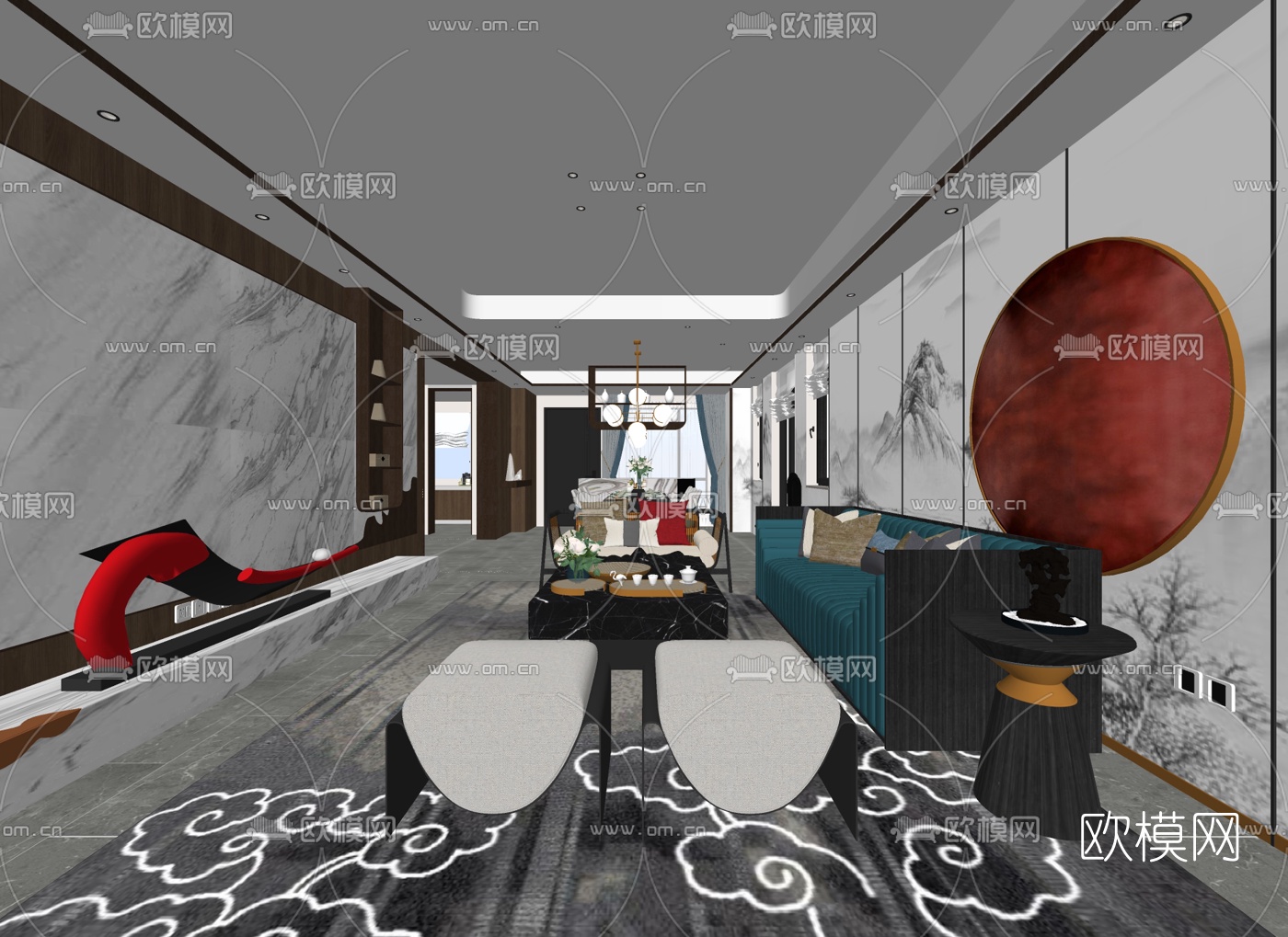 天鼓设计 北京亿城燕西院子别墅客厅su模型下载