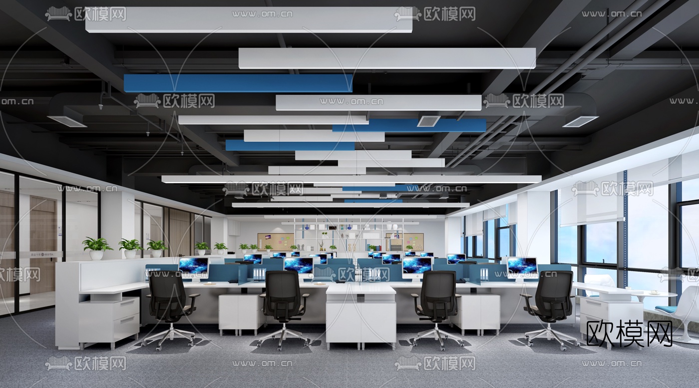 现代开放式办公室3d模型-免费3dmax模型库-欧模网