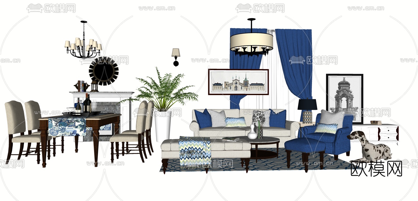 美式布艺组合沙发su模型下载（渲染图1）