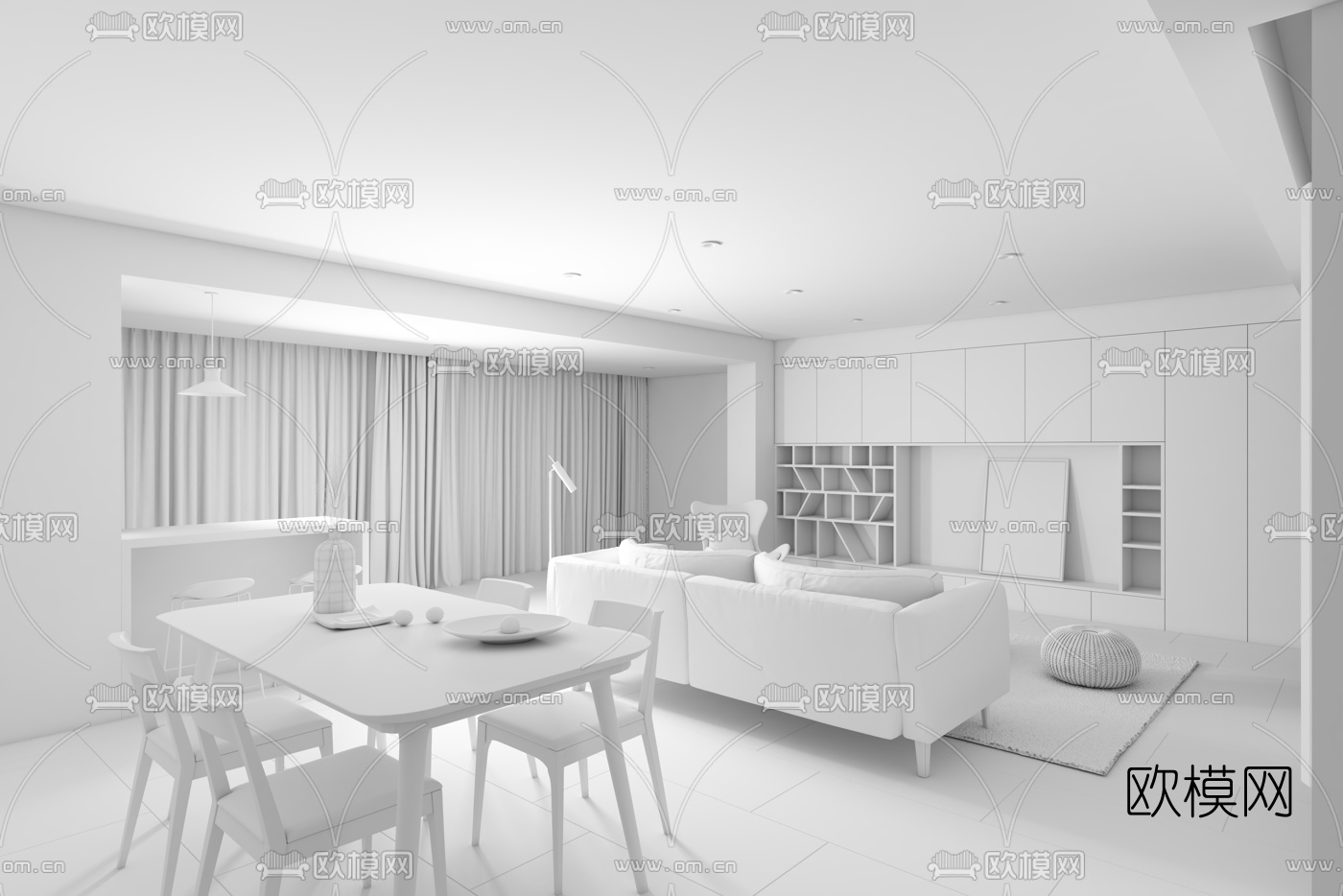 现代高级灰客厅餐厅3d模型
