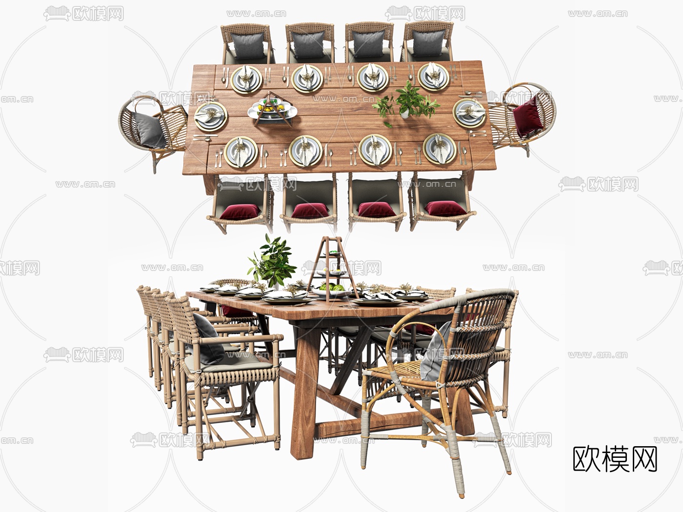 自然风原木方形餐桌椅3d模型下载（渲染图1）