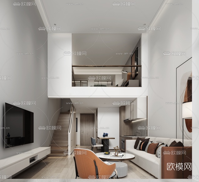 现代复式公寓客厅3d模型下载(渲染图1)