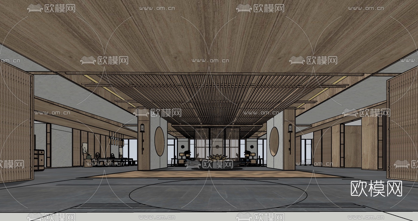 新中式度假酒店大厅su模型下载（渲染图1）