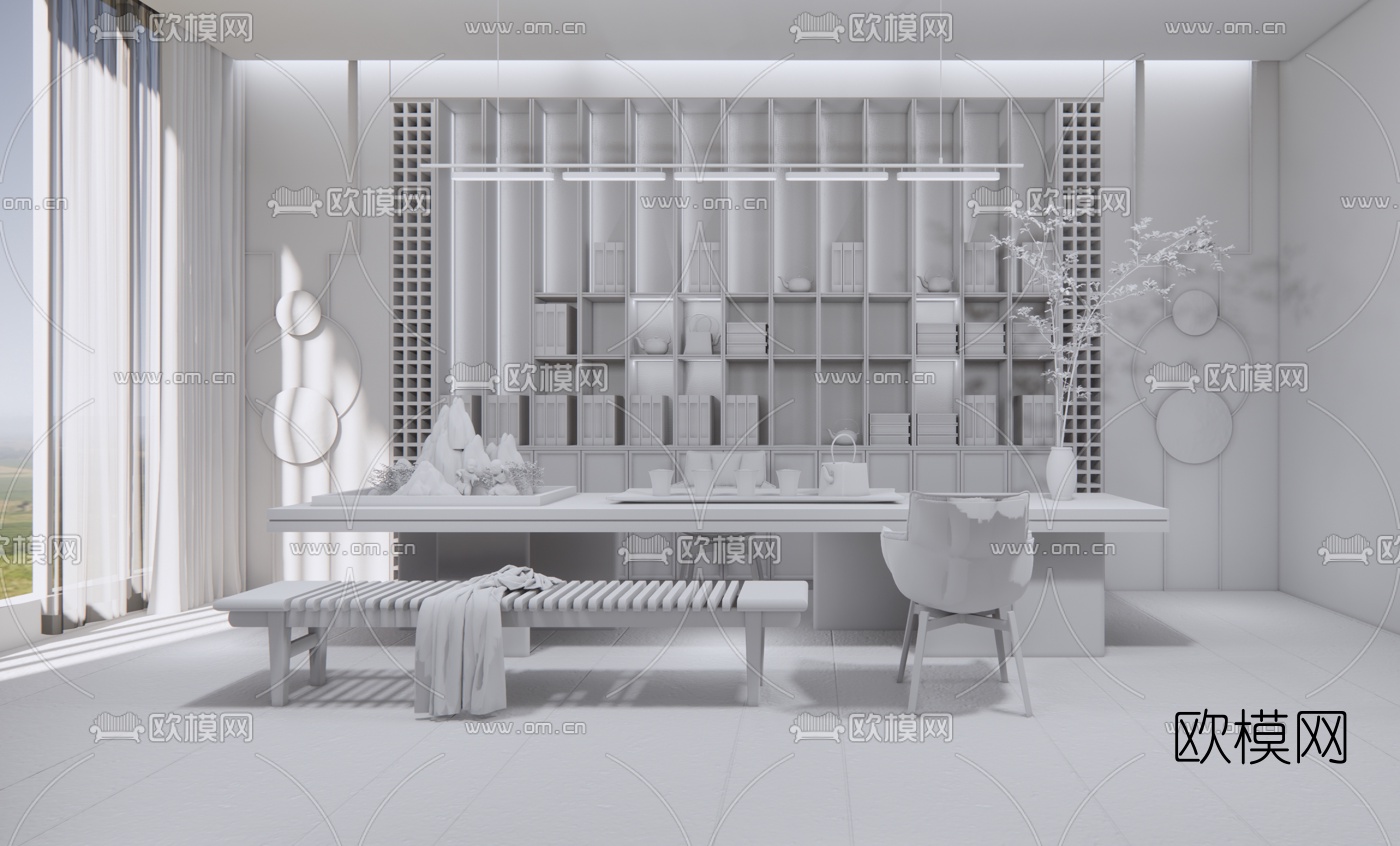 新中式书房su模型下载（渲染图2）