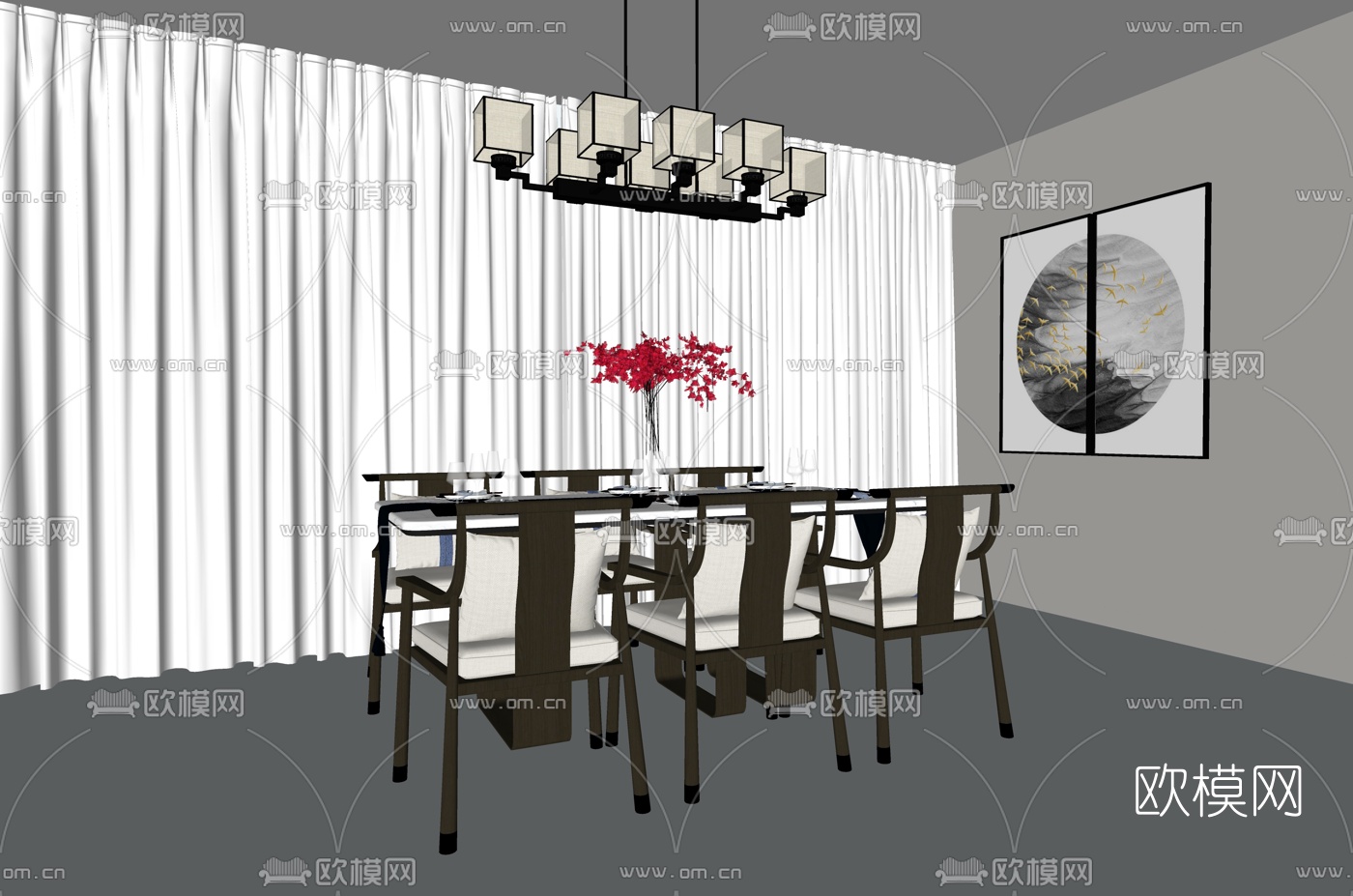 新中式实木餐桌椅su模型下载