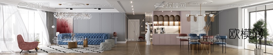 北欧客厅餐厅3d模型下载(渲染图2)