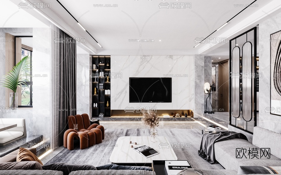 现代简约复式客厅餐厅3d模型下载(渲染图2)