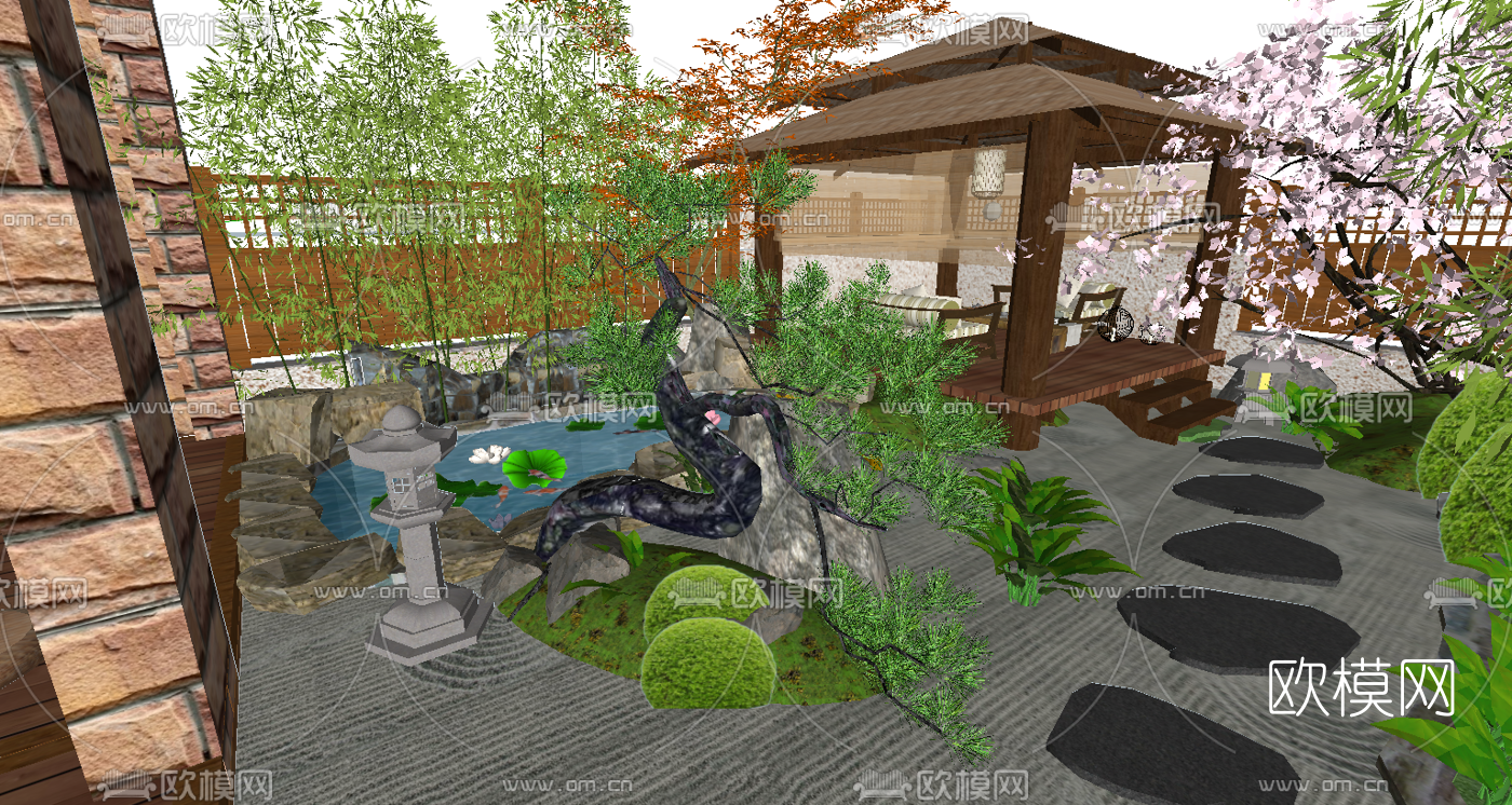 日式别墅庭院景观su模型下载（渲染图2）