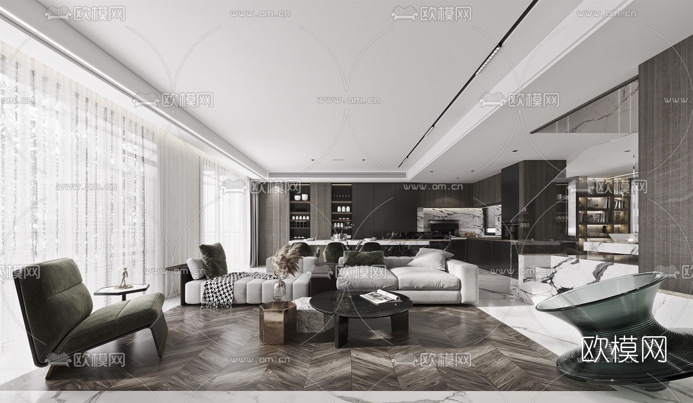 现代简约复式客厅餐厅3d模型