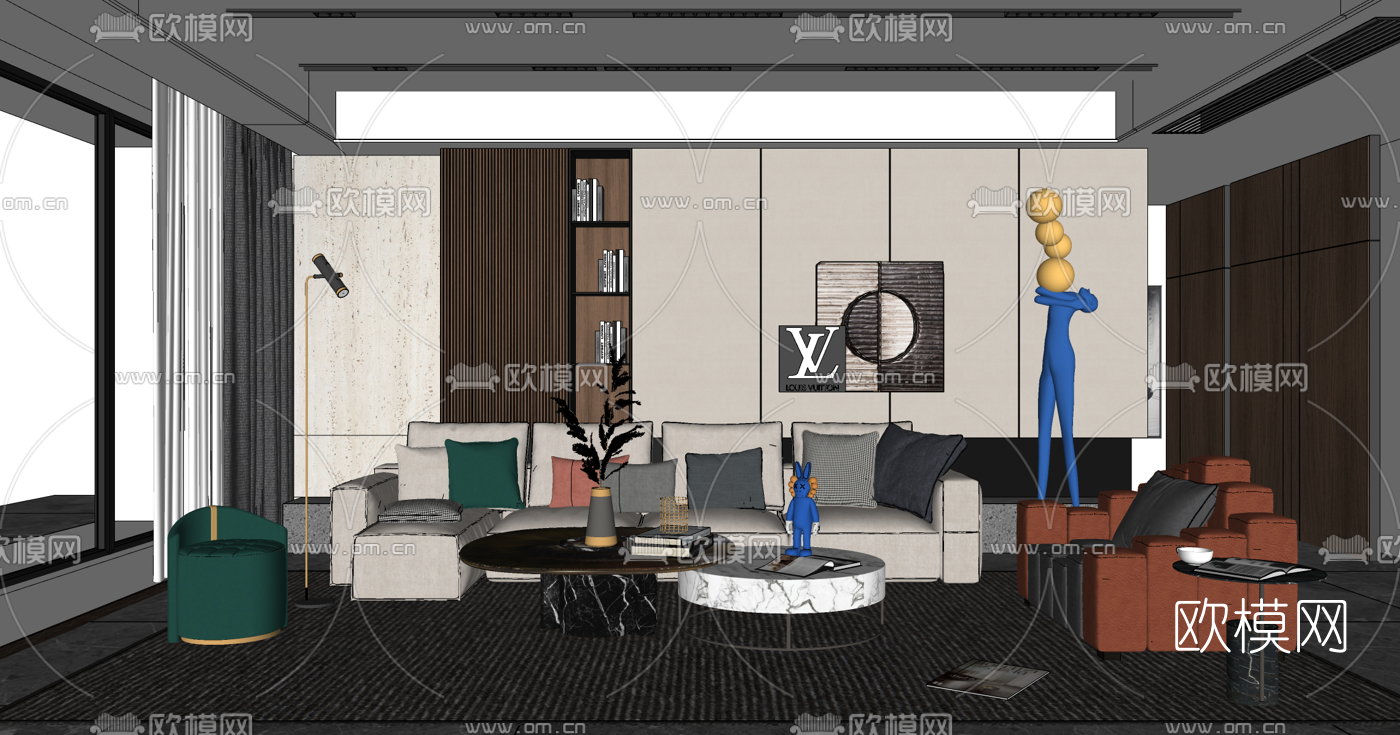 现代公寓客厅su模型下载（渲染图2）